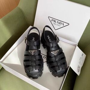 Prada Black Gladiator Logo Rubber Sandals with Buckle
